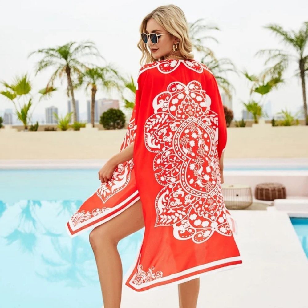 Taiajing red/white floral seaside open front kimono